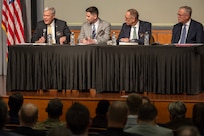 A panel of Army senior executives discuss audit roles during the Army’s Annual Audit Summit at the Mark Center in Alexandria, Virginia, Dec. 11, 2024. More than 300 finance and comptroller professionals from around the Army and across all three components joined more than 700 participants online for the summit this year. Taking part in the panel, from left to right, were Robert L. Steinrauf, U.S. Army Office of the Deputy Chief of Staff for Personnel (G1) Plans and Resources director; Matthew L. Sannito, U.S. Army assistant deputy chief of staff for logistics (G-4); Daniel M. Klippstein, U.S. Army assistant deputy chief of staff  for installations (G-9);and  J. Randall Robinson, U.S. Army Installation Management Command executive deputy to the commanding general. (U.S. Army photo by Mark R. W. Orders-Woempner)