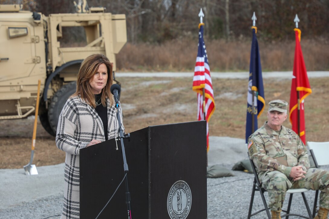 Ms. Robbin Taylor, State Director from the office of Senator Mitch McConnell, makes her remarks during the groundbreaking ceremony of the the new multi-purpose machine gun range on Wendell H. Ford Regional Training Center  Dec. 13, 2024.