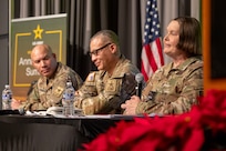 From left to right, Sgt. Maj. Terry L. Anderson, Office of the Assistant Secretary of the Army for Financial Management and Comptroller senior enlisted advisor; Sgt. Maj. Christopher P. Stevens, Office of the U.S. Army Deputy Chief of Staff for Personnel (G-1) senior enlisted advisor; and Sgt. Maj. Petra M. Casarez, Office of the U.S. Army Deputy Chief of Staff for Logistics (G-4) senior enlisted advisor, take part in a panel discussion during the Army’s Annual Audit Summit at the Mark Center in Alexandria, Virginia, Dec. 11, 2024. More than 400 finance and comptroller professionals from around the Army and across all three components joined more than 800 participants online for the summit this year. (U.S. Army photo by Mark R. W. Orders-Woempner)