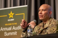 Sgt. Maj. Terry L. Anderson, Office of the Assistant Secretary of the Army for Financial Management and Comptroller senior enlisted advisor, takes part in a panel discussion during the Army’s Annual Audit Summit at the Mark Center in Alexandria, Virginia, Dec. 11, 2024. More than 400 finance and comptroller professionals from around the Army and across all three components joined more than 800 participants online for the summit this year. (U.S. Army photo by Mark R. W. Orders-Woempner)