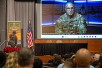 Gen. James J. Mingus, Vice Chief of Staff of the Army, delivers remarks virtually during the Army’s Annual Audit Summit at the Mark Center in Alexandria, Virginia, Dec. 11, 2024. More than 400 finance and comptroller professionals from around the Army and across all three components joined more than 800 participants online for the summit this year. (U.S. Army photo by Mark R. W. Orders-Woempner)