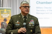 Lt. Gen. Paul A. Chamberlain, Military Deputy to the Assistant Secretary of the Army for Financial Management and Comptroller, provides opening remarks during the Army’s Annual Audit Summit at the Mark Center in Alexandria, Virginia, Dec. 10, 2024. The two-day summit featured audit-related presentations, training sessions, technology demonstrations and audit recognitions. (U.S. Army photo by Mark R. W. Orders-Woempner)