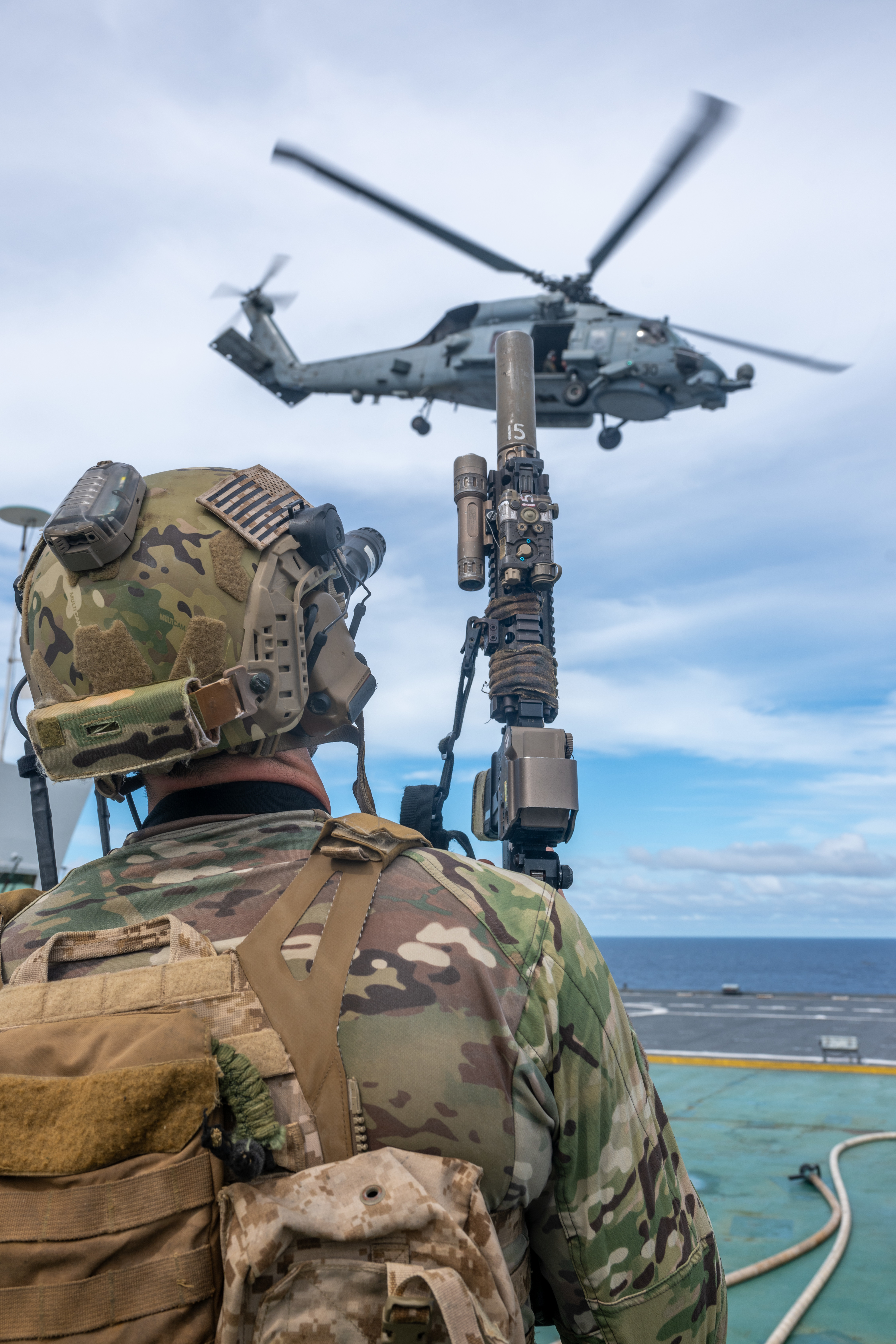 U.S. Naval Special Warfare operators and U.S. Coast Guard Maritime Security Response Team (West) members conduct visit, board, search, and seizure training aboard the 2nd Lt. John P. Bobo-class cargo ship USNS PFC Dewayne T. Williams (T-AK 3009) in the Andaman Sea, Dec. 16, 2024.