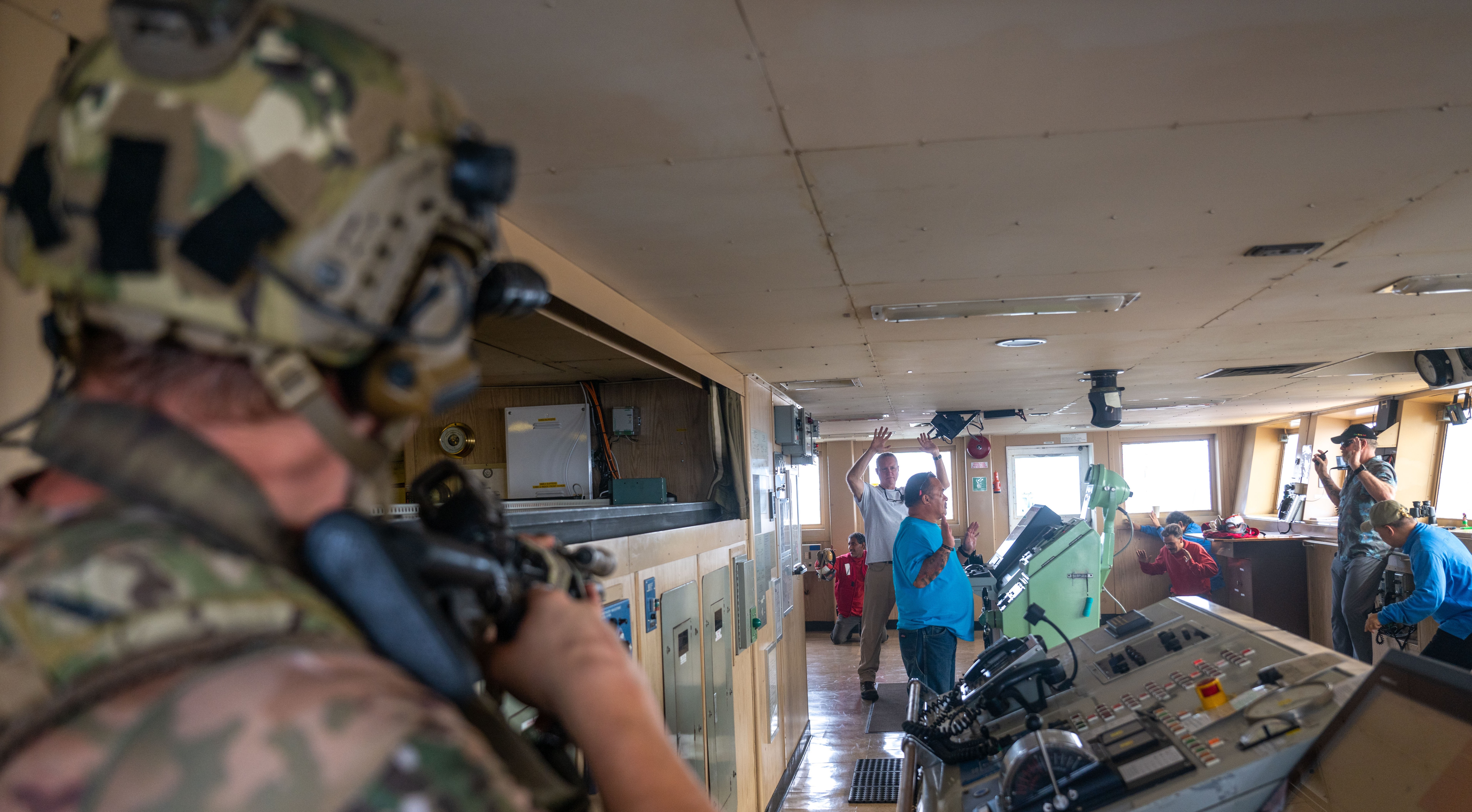 U.S. Naval Special Warfare operators and U.S. Coast Guard Maritime Security Response Team (West) members conduct visit, board, search, and seizure training aboard the 2nd Lt. John P. Bobo-class cargo ship USNS PFC Dewayne T. Williams (T-AK 3009) in the Andaman Sea, Dec. 16, 2024.