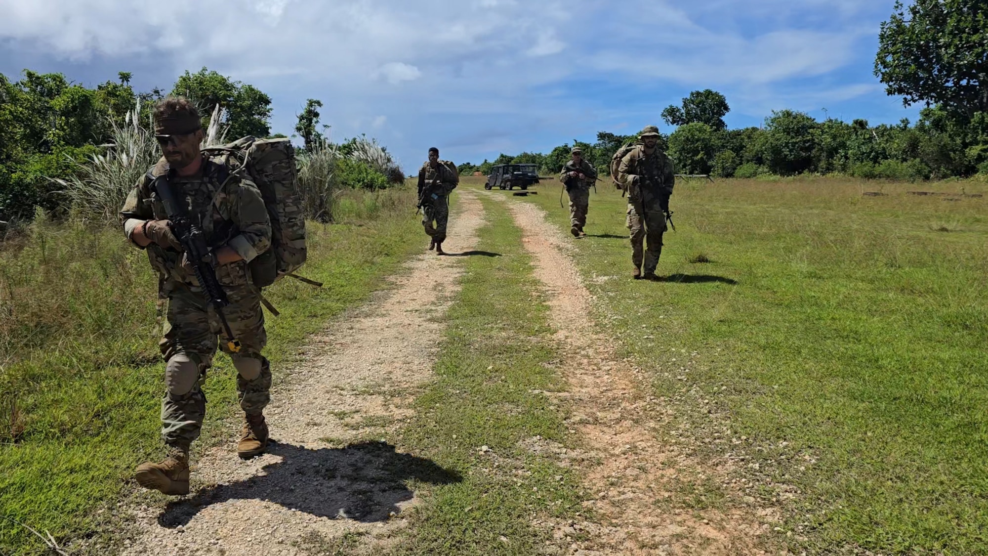148th Fighter Wing Security Forces specialist, Master Sgt. Ian Nickila participate in a field training exercise on Oct. 15, 2024, as part of the Air Force's Jungle Agile Combat Employment Course at Anderson Air Force Base, Guam. (U.S. Air Force photo by Tech. Sgt. Stephen Tamashiro)