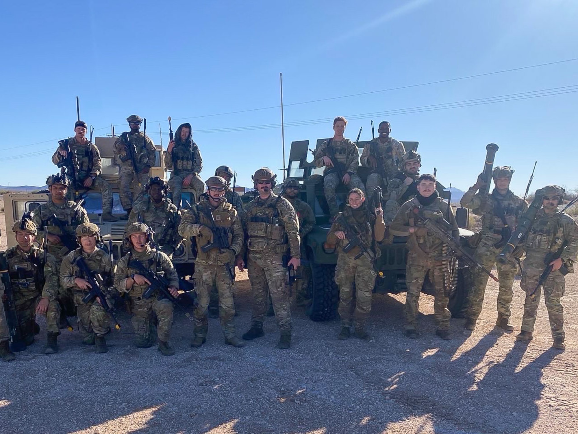 U.S. Airmen pose for a group photo after finishing an exercise during the beta test Security Forces Center’s Weapons and Tactics Instructor Course Fort Bliss, Texas, Nov. 15, 2024.