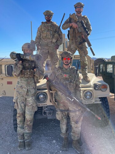 U.S. Air Force Master Sgt. Robert Tatum, top right, 42nd Medical Group pharmacy flight chief, poses for a group photo with other Airmen from the 42nd Air Base Wing who volunteered to attend Security Forces Weapons and Tactics Instructor Course at Fort Bliss, Texas Nov. 15, 2024.