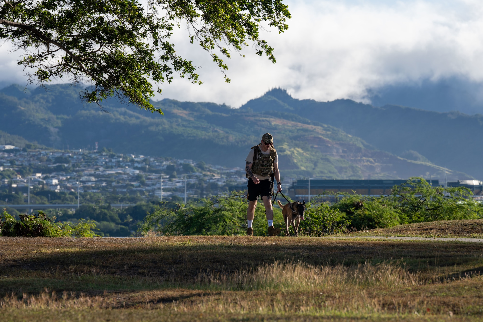 Military personnel stand together for a group photo in a green field with mountains in the background.