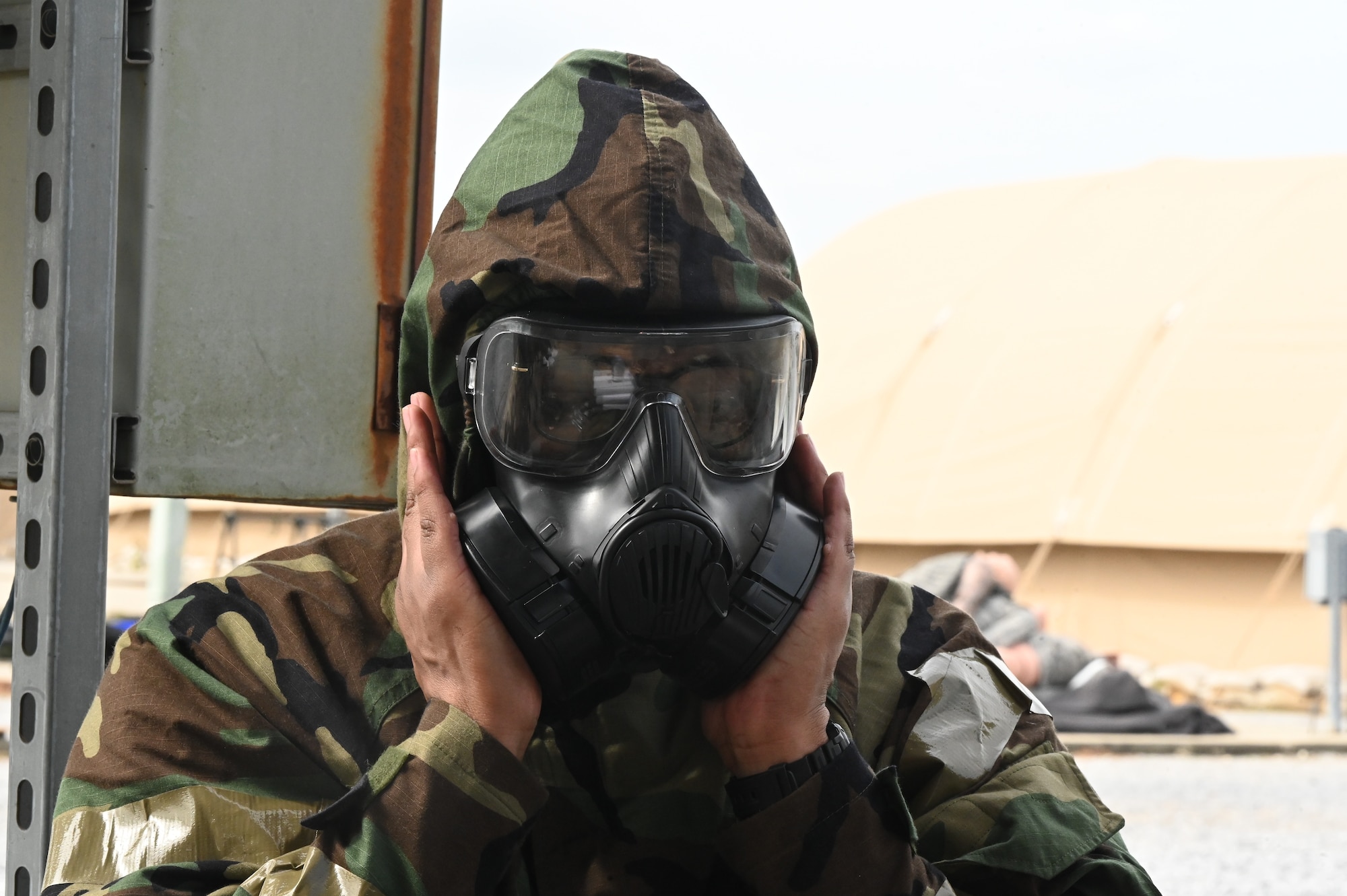 a person puts on a mask