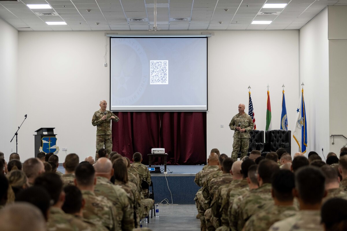Air Force Chief of Staff Gen. David W. Allvin and Chief Master Sgt. of the Air Force David A. Flosi brief at an all-call.