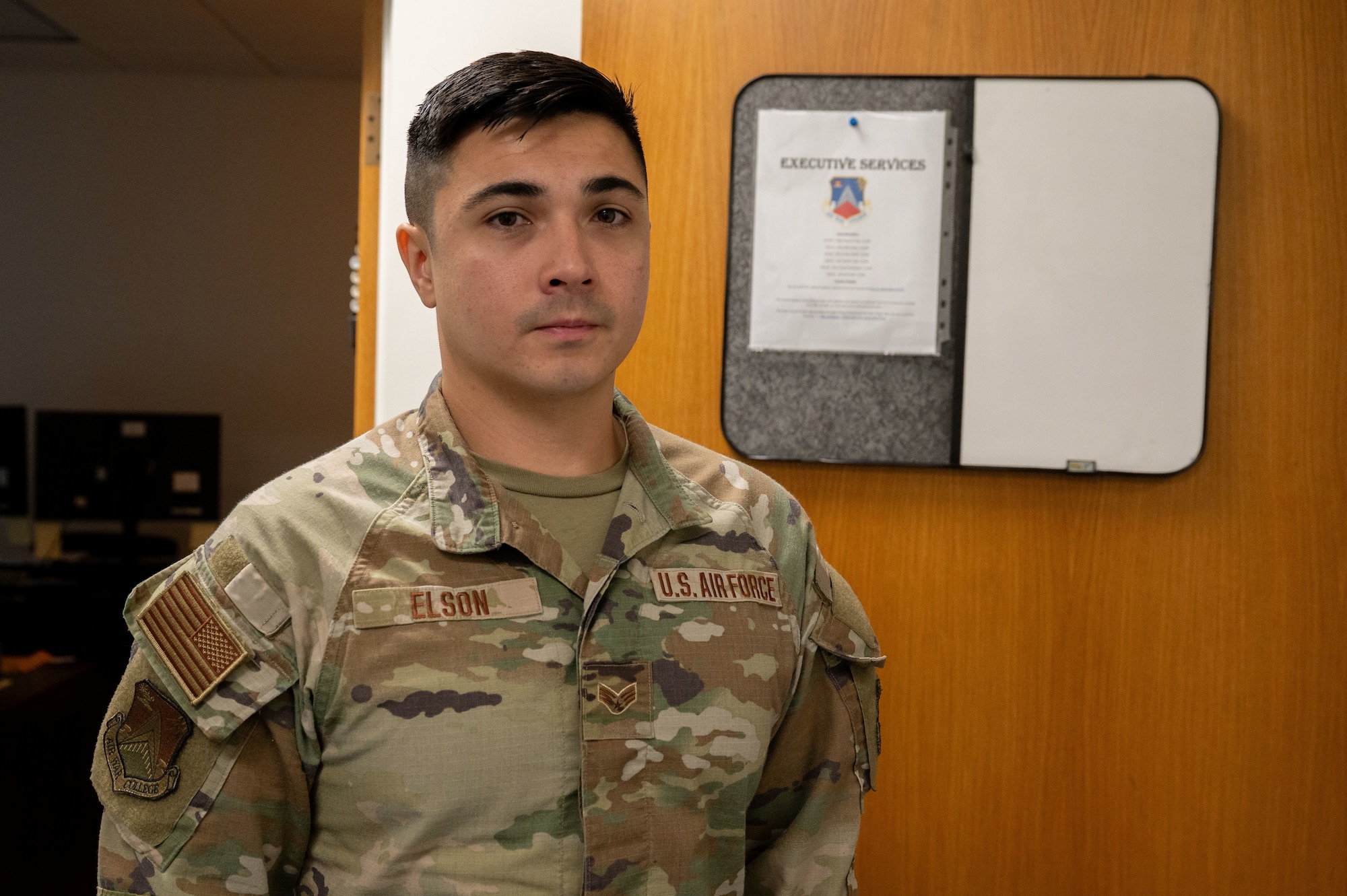 U.S. Air Force Senior Airman Julian Elson, Air War College executive services admin, poses for a photo at Maxwell Air Force Base, Alabama, Nov. 13, 2024. Elson excelled in managing seven additional duties and six programs, supporting over 670 Air War College personnel.