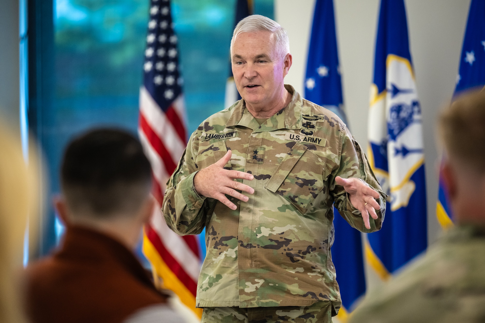 U.S. Army Maj. Gen. Haldane Lamberton, adjutant general of the Kentucky National Guard, speaks to a group of civilian employers at the Kentucky Air National Guard Base in Louisville, Ky., Sept. 19, 2024, as part of an Employer Support of the Guard and Reserve Bosslift. The event, which included an orientation flight aboard a Kentucky Air Guard C-130J Super Hercules aircraft, promotes enhanced understanding of the Guard mission among the civilian community. (U.S. Air National Guard photo by Dale Greer)