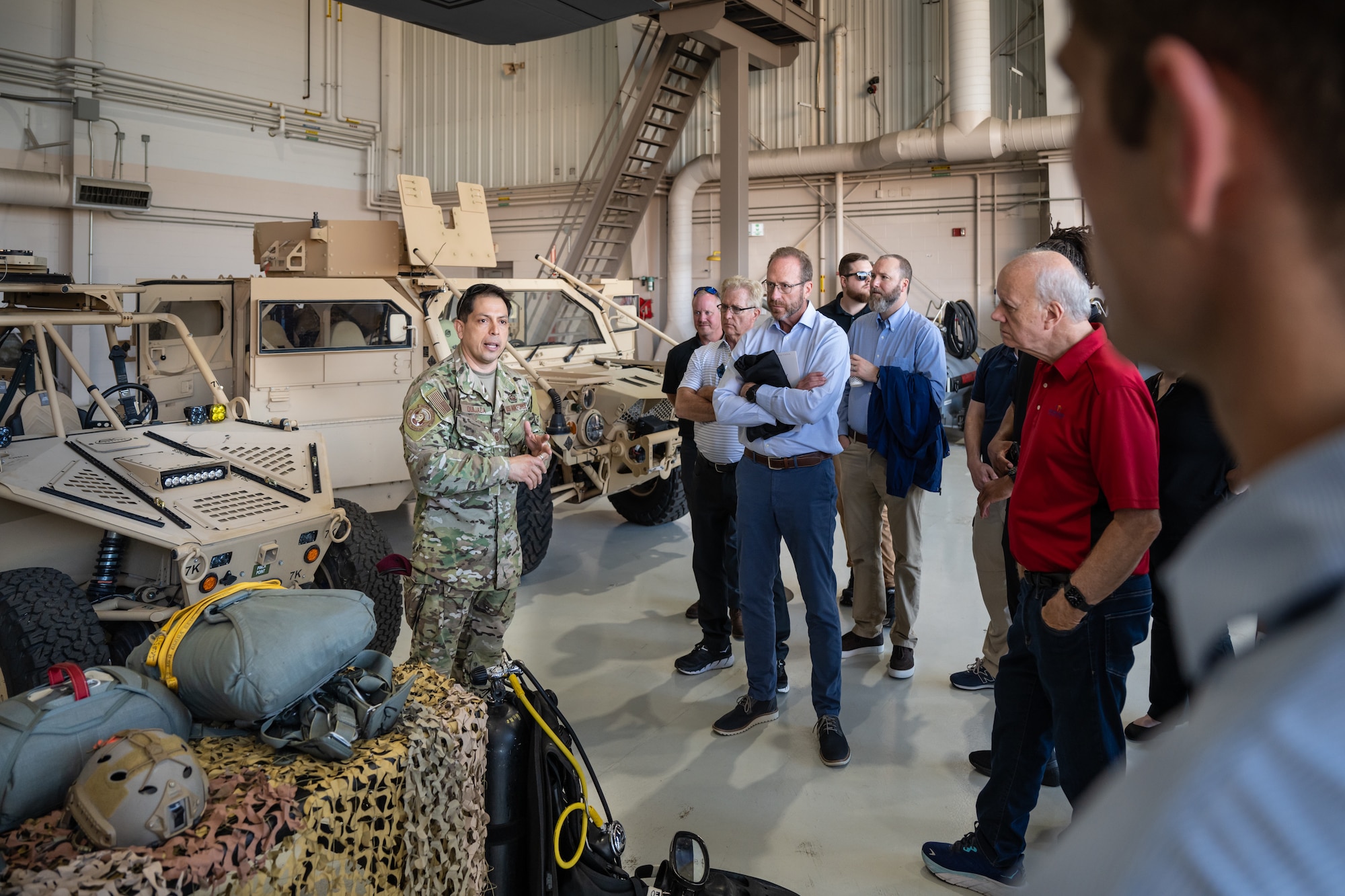 Dozens of civilian employers spent the day at the Kentucky Air National Guard Base in Louisville, Ky., Sept. 19, 2024, learning about the missions of the 123rd Airlift wing and the jobs their employees perform for the Air Guard as military reservists here when they’re not working at their civilian jobs. The day’s events, known as a Bosslift and sponsored by a federal program called Employer Support of the Guard and Reserve, included an orientation flight on a C-130J Super Hercules aircraft. (U.S. Air National Guard photo by Dale Greer)