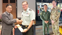 Left: Maj. William Johnston presents a gift during a subject matter exchange with the Royal Army of Thailand in March 2010 when he was the director of the Washington National Guard State Partnership Program. His son, right, Sgt. William Johnston, a crew chief with Charlie Company, 1st Battalion, 168th General Support Aviation, with an Aviation soldier from 9th Battalion, Royal Thai Army during an exchange Dec. 2, 2024, in Lop Buri, Thailand.