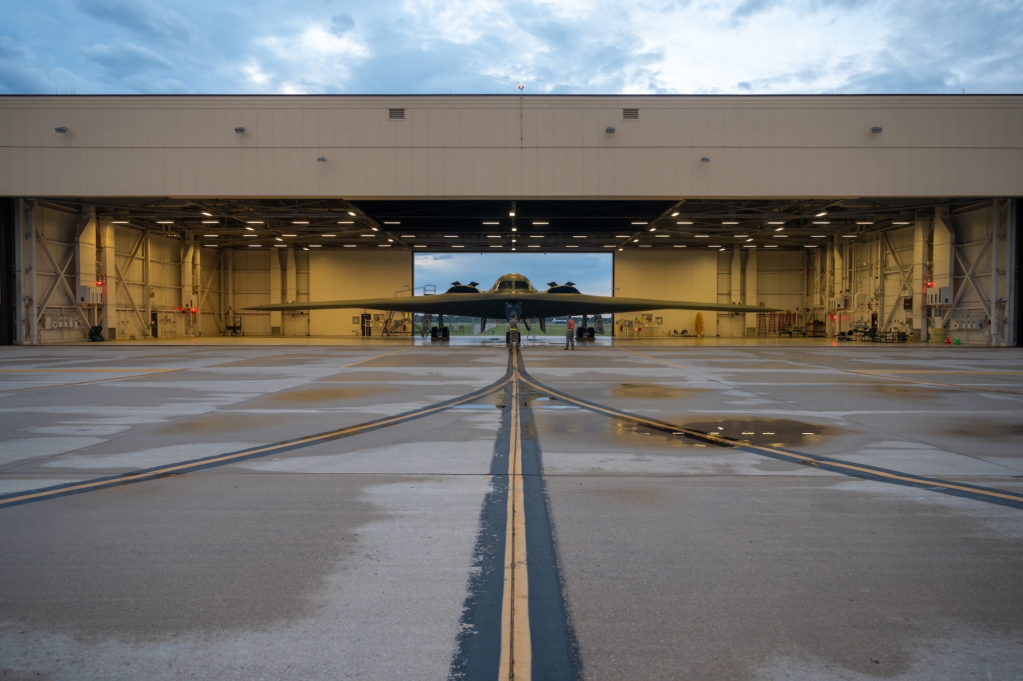 A U.S. Air Force B-2 Spirit stealth bomber prepares for take off in support of a Bomber Task Force deployment at Whiteman Air Force Base, Mo., Aug. 15, 2024. Bomber missions demonstrate lethality and interoperability in support of a free and open Indo-Pacific. (U.S. Air Force photo by Airman 1st Class Bryce Moore)