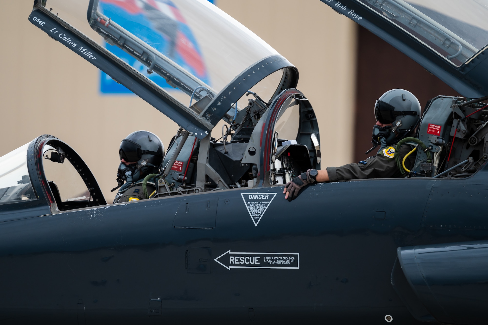 U.S. Air Force pilots assigned to the 509th Bomb Wing taxi in a T-38 Talon at Whiteman Air Force Base, Mo., Nov. 13, 2024. The T-38 is used as a supplemental trainer for B-2 Spirit stealth bomber pilots at Whiteman AFB to maintain Air Force standards for flight time and proficiency. (U.S. Air Force photo by Senior Airman Joshua Hastings)