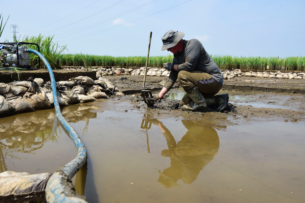 Master Sgt. Dustin Turner, right, an explosive ordnance disposal technician assigned to the Kentucky Air National Guard’s 123rd Civil Engineer Squadron, examines soil for osseous material in a rice paddy in Quang Binh Province, Vietnam, in June 2023. Turner was part of a U.S.-led team that recovered the remains of two U.S. Marine pilots who were lost in combat over Vietnam in December 1972.