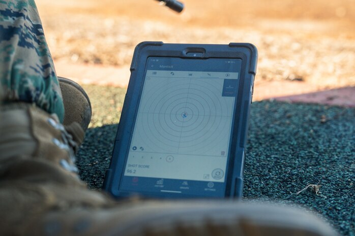 A tablet from a Mantis BlackbeardX Dry Fire Laser Training System displays data following a course of fire during a grass week training event at Marine Corps Base Camp Pendleton, California, Dec. 18, 2024. Recruits use the Mantis technology which provides feedback on how much an individual moved during the trigger pull and will provide feedback on how to improve shooting mechanics. The Marine Corps implemented the Mantis system to further assist recruits in developing their warfighting skills. (U.S. Marine Corps photo by Cpl. Francisco Angel)