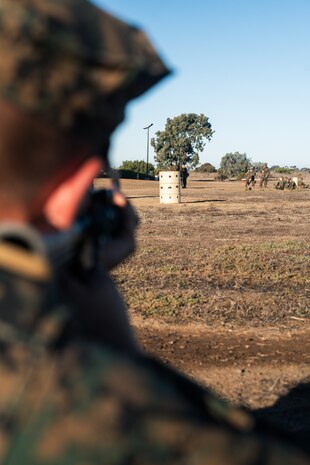 A U.S. Marine Corps recruit with Bravo Company, 1st Recruit Training Battalion, sights in with his rifle during a grass week training event at Marine Corps Base Camp Pendleton, California, Dec 18, 2024. Recruits use the Mantis technology which provides feedback on how much an individual moved during the trigger pull and will provide feedback on how to improve shooting mechanics. The Marine Corps implemented the Mantis system to further assist recruits in developing their warfighting skills. (U.S. Marine Corps photo by Cpl. Francisco Angel)