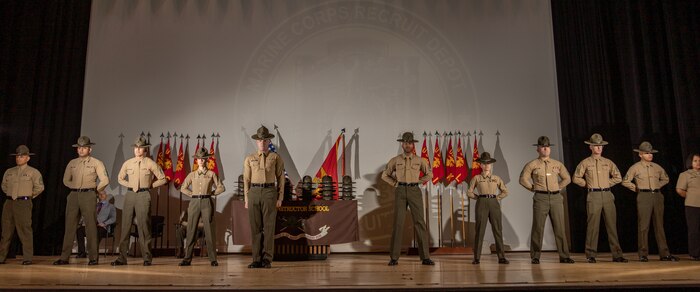 U.S. Marines Corps instructors with Marine Corps Recruit Depot San Diego Drill Instructor School, are introduced during the DI school 1-25 graduation ceremony at MCRD San Diego, California, Dec. 18, 2024. During DI school, Marines developed leadership skills, mastered drill, met physical fitness requirements and learned how to make Marines. Our Marines continue to serve their nation and their Corps through their lived examples of our values and by helping to identify and select potential recruits who may have what it takes to earn the title. (U.S. Marine Corps photo by Lance Cpl. Janell B. Alvarez)