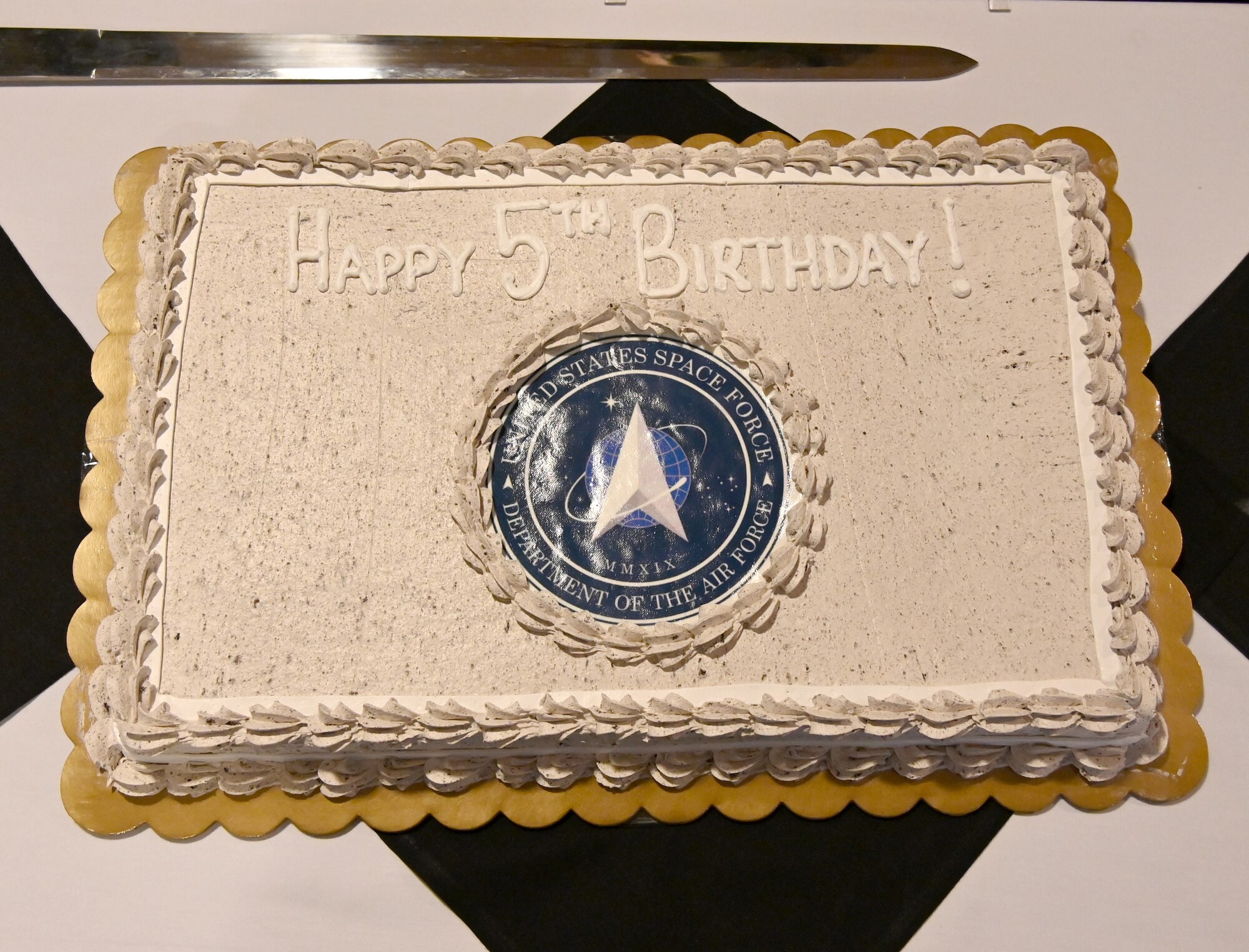 A cake presented at a U.S. Space Force 5th birthday celebration for a cake cutting ceremony.
