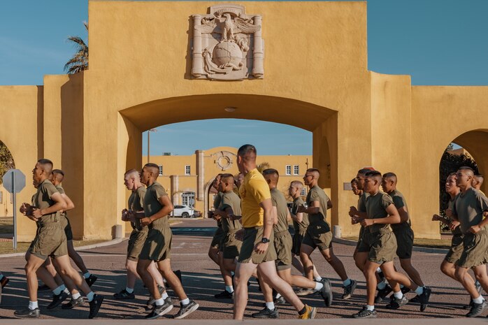 New U.S. Marines with Fox Company, 2nd Recruit Training Battalion, conduct the company motivational run at Marine Corps Recruit Depot San Diego, California, Dec. 19, 2024. The company motivational run is a three-mile cadence run conducted around the Depot and is the last physical training event the Marines will conduct before they graduate from MCRD San Diego. The event is also the first time friends and families will see their newly transformed Marines. The same fighting spirit that led Marines in the fight at Chapultepec, Belleau Wood, Iwo Jima, Okinawa, the Chosin Reservoir, Vietnam, in Fallujah and Marjah thrives in our Marines today. (U.S. Marine Corps photo by Lance Cpl. Janell B. Alvarez)