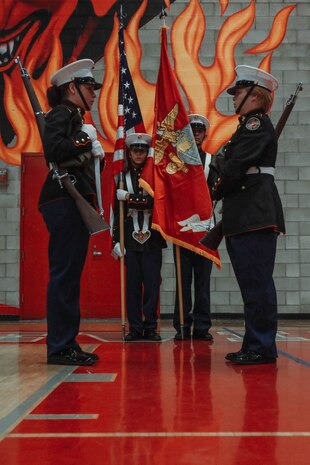 Junior Reserve Officer Training Corps cadets participate in a Junior Reserve Officer Training Corps drill competition at Sweetwater High School in National City, California, Dec. 7, 2024. The Junior Reserve Officer Training Corps drill competition is a formal event where cadets perform synchronized marching routines and precision drill to demonstrate discipline, teamwork and leadership skills. (U.S. Marine Corps photo by Cpl. Alejandro Fernandez)