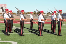 Junior Reserve Officer Training Corps cadets participate in a Junior Reserve Officer Training Corps drill competition at Sweetwater High School in National City, California, Dec. 7, 2024. The Junior Reserve Officer Training Corps drill competition is a formal event where cadets perform synchronized marching routines and precision drill to demonstrate discipline, teamwork and leadership skills. (U.S. Marine Corps photo by Cpl. Alejandro Fernandez)