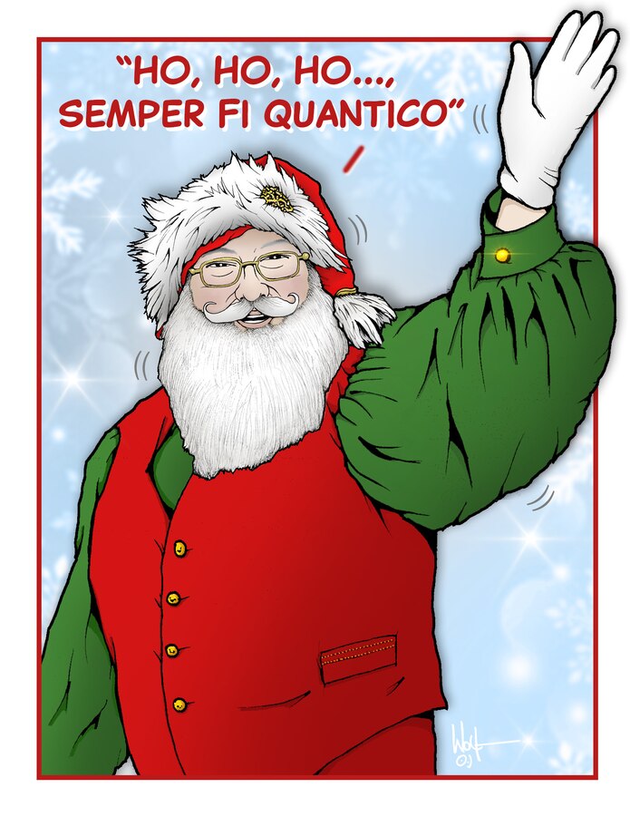 A graphic illustration of Santa Claus designed to complement a fictional story about going to the North Pole to take a tour with Santa Claus as he prepares to visit Marine Corps Base Quantico on Christmas Eve. The story includes a behind the scenes workings of the North Pole, Santa's equipment and how he has adopted Marine Corps procedures to run operations more efficiently. (U.S. Marine Corps graphic by Charles Wolf)
