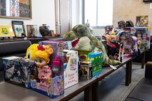 Toys from the Merry Marine Toy Drive are displayed during the Merry Marine Toy Drive in Yaese Town, Okinawa, Japan, Dec. 12, 2024.