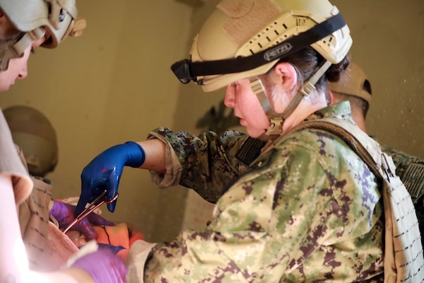 Lt. Cmdr. Mary Ayres, general surgeon for Expeditionary Resuscitative Surgical System Team 11 based at Camp Lejeune, N.C., performs a surgery on a high-fidelity simulated manikin during a training evolution as part of the Integrated Expeditionary Resuscitative Surgical System (ERSS) and En-route Care System (ERCS) course conducted by Naval Expeditionary Medicine Warfighter Development Center (NEMWDC) at Bravo 1 Range, Camp Pendleton, Calif., Dec. 16. The ERSS, a seven-member mobile medical team providing surgical care for critically injured patients supporting military operations, and the ERCS, which ensures medical assessment, treatment, and care during patient transport to higher-capacity medical assets, were put to the test in hyper-realistic scenarios. (Navy photo by Arsenio R. Cortez Jr.)