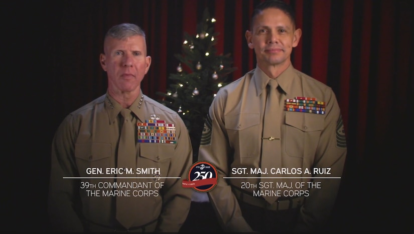 Two Marines stand in front of Christmas tree with a dark red curtain behind it.