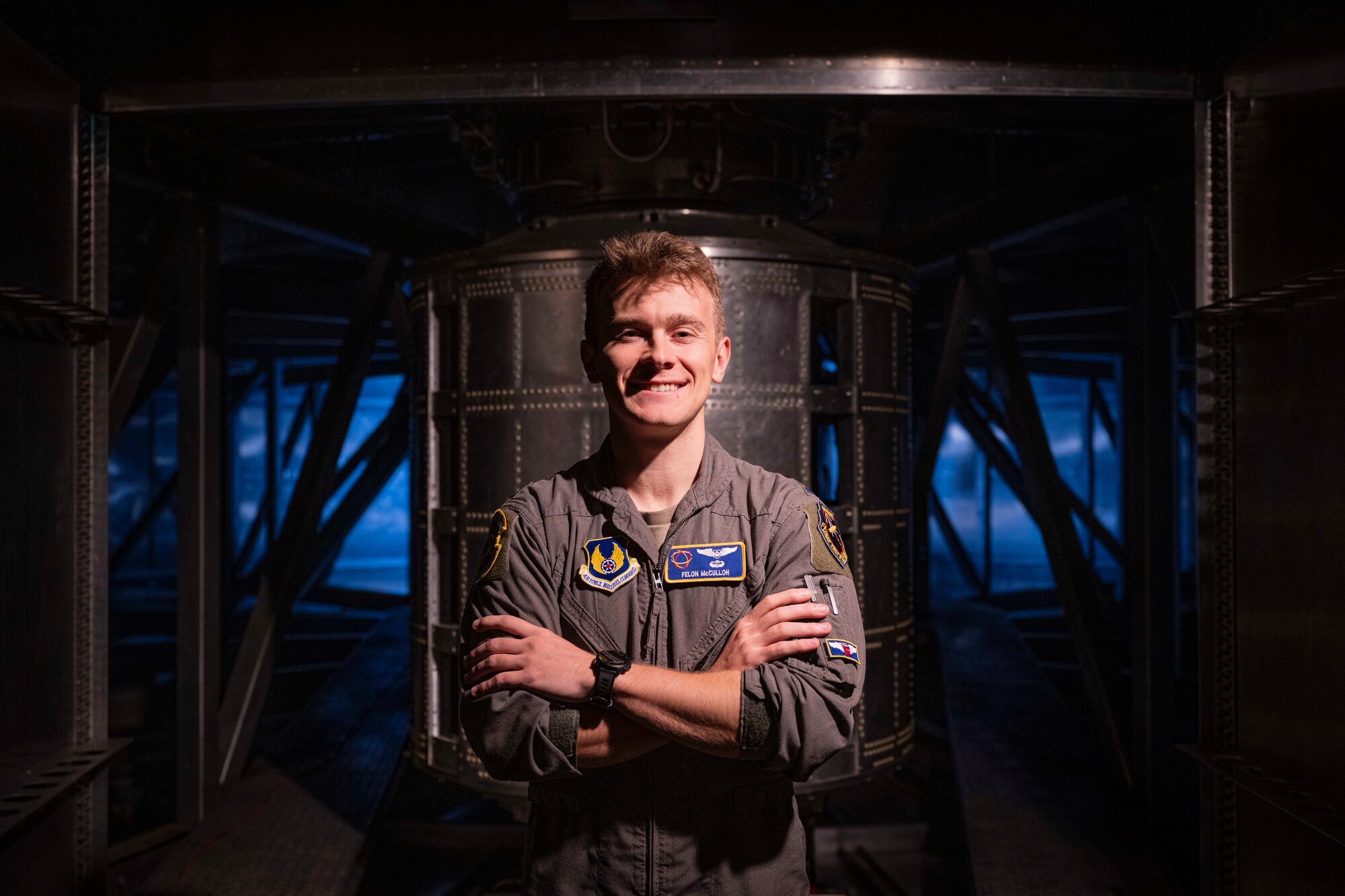 U.S. Space Force Capt. Gordon McCulloh, 746th Test Squadron Capabilities Development flight commander, poses for a photo at Holloman Air Force Base, New Mexico, Dec. 3, 2024. The 746th TS is the DoD's designated lead test organization chartered to test and evaluate GPS user equipment, integrated guidance and navigation systems. (U.S. Air Force photo by Senior Airman Isaiah Pedrazzini)