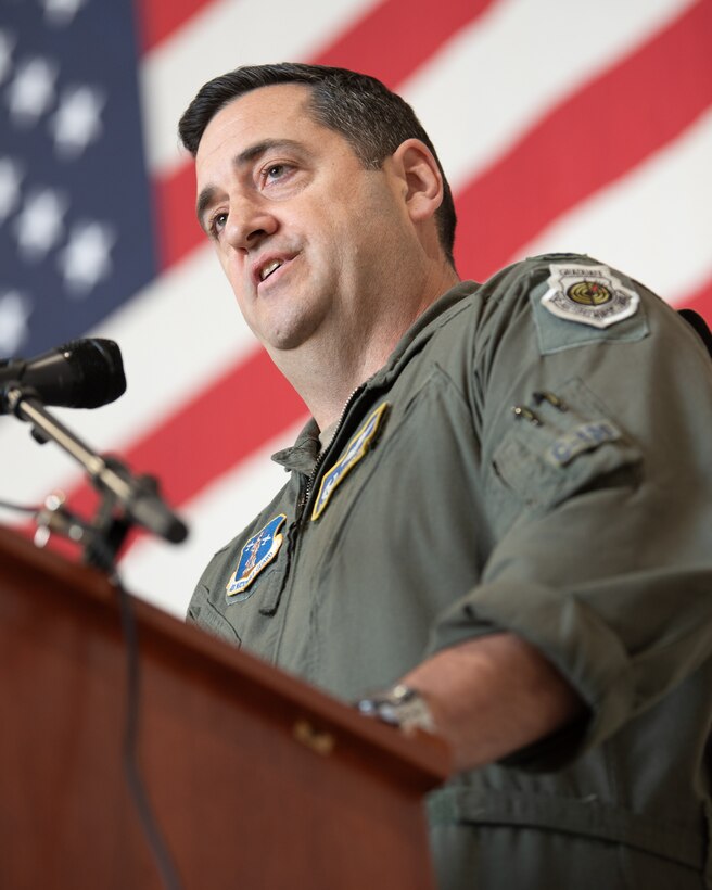 Col. Matthew Quenichet, outgoing commander of the 123rd Operations Group, speaks during the unit’s change-of-command ceremony at the Kentucky Air National Guard Base in Louisville, Ky., Oct. 11., 2024.