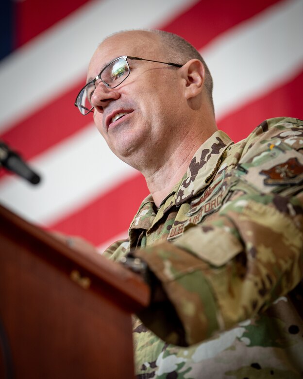 Col. Randall Hood, incoming commander of the 123rd Operations Group, speaks during the unit’s change-of-command ceremony at the Kentucky Air National Guard Base in Louisville, Ky., Oct. 11, 2024.