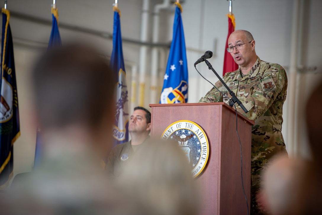 Col. Randall Hood, incoming commander of the 123rd Operations Group, speaks during the unit’s change-of-command ceremony at the Kentucky Air National Guard Base in Louisville, Ky., Oct. 11, 2024.