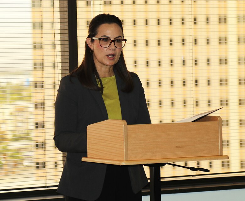 Chelsea Rivas, district director for Congressman Greg Stanton, Arizona’s 4th District, speaks during a ceremonial Project Agreement signing between the U.S. Army Corps of Engineers Los Angeles District and the Yavapai-Apache Nation Dec. 16 at USACE’s Phoenix office. The agreement is for design and construction assistance of the Yavapai-Apache Nation Wastewater Treatment Plant in Arizona. The project is being funded under the Section 595 Environmental Infrastructure Program. Rivas spoke on behalf of Stanton, who was instrumental in advocating for the Section 595 Environmental Infrastructure Program in Arizona.