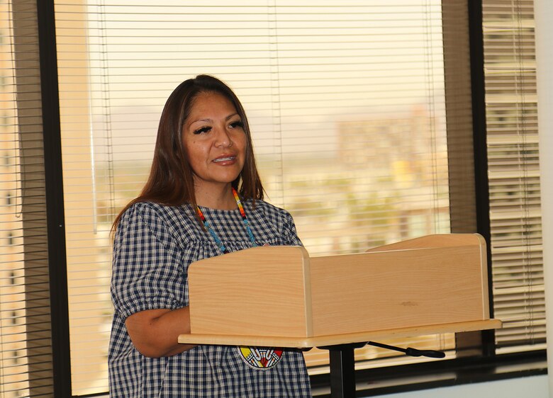 Tanya Lewis, chairwoman of the Yavapai-Apache Nation in Arizona, speaks during a ceremonial project agreement signing Dec. 16 in Phoenix. The agreement, between the U.S. Army Corps of Engineers Los Angeles District and the Yavapai-Apache Nation, is for design and construction assistance to build a wastewater treatment plant for the tribes. The project is being designed and constructed using funds from the Section 595 Environmental Infrastructure Program.