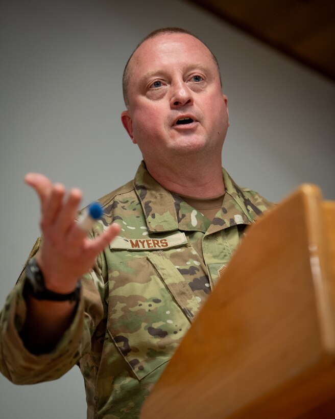 Chief Master Sgt. Gregory Myers, 123rd Security Forces Squadron manager, speaks during a ceremony at the Kentucky Air National Guard Base in Louisville, Ky., Oct. 13, 2024. Myers is retiring after 30 years of service to the active-duty Air Force and Air National Guard.