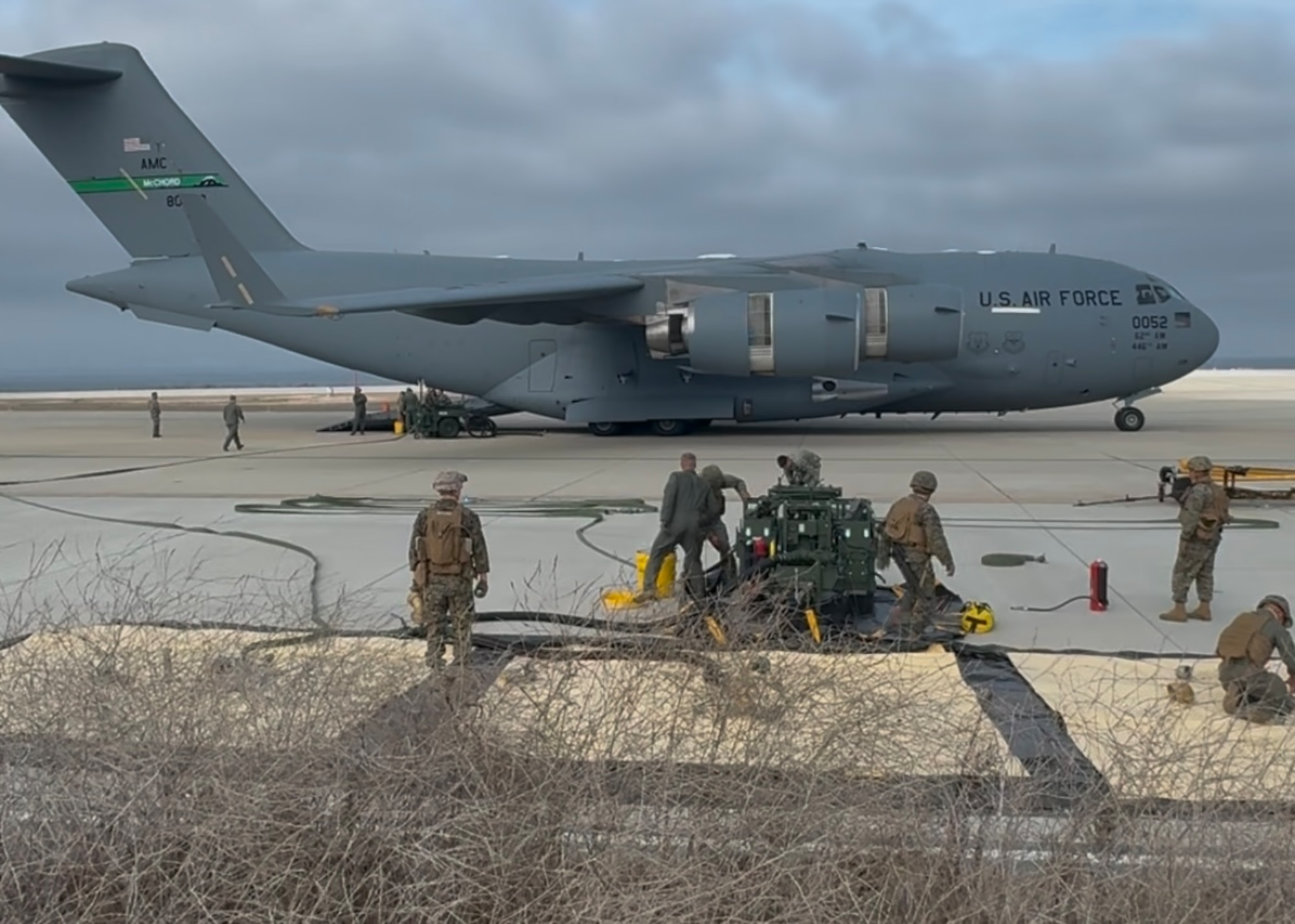 Airmen from the 446th Airlift Wing conducted wet wing defueling with Marines from Marine Wing Support Squadron 371, delivered over 78,000 gallons of fuel using the new Tactical Aviation Ground Refueling System (TAGRS) on San Clemente Island, Calf. on Dec. 7, 2024, in support of exercise Steel Knight. Steel Knight is an annual joint exercise that increased interoperability among different Department of Defense branches.