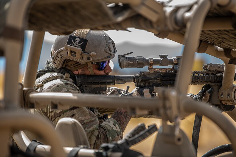 Security forces Airmen from the Kentucky Air National Guard’s 123rd Contingency Response Group respond to a simulated attack at Amedee Army Airfield, Calif., Aug. 24, 2024, as a part of a U.S. Transportation Command exercise to revalidate the 123rd CRG’s capability to lead a Joint Task Force-Port Opening.