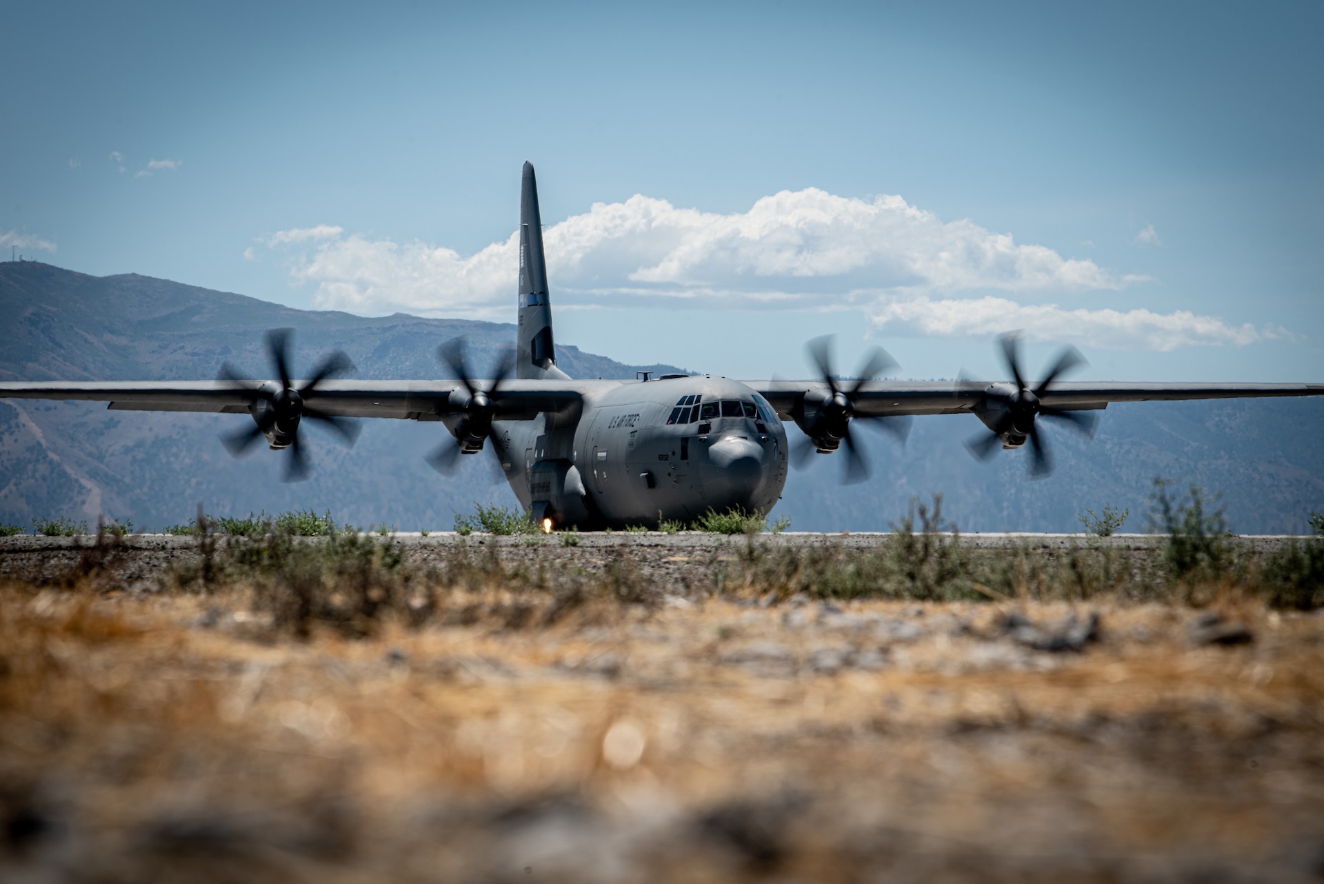 A Kentucky Air National Guard C-130J Super Hercules aircraft arrives at Amedee Army Airfield, Calif., Aug. 22, 2024, as a part of a U.S. Transportation Command exercise to revalidate the 123rd Contingency Response Group’s capability to lead a Joint Task Force-Port Opening.