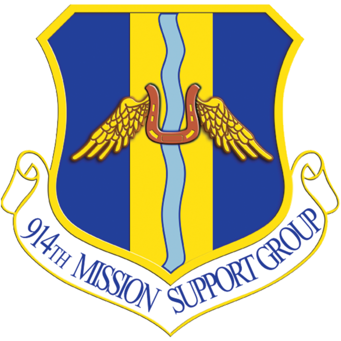 Winged horseshoe on a shield. Reads, "914th MISSION SUPPORT GROUP."