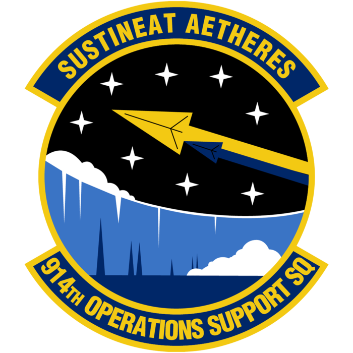 Two arrows flying over Niagara Falls. Reads, "SUSTINEAT AETHERES | 914th OPERATIONS SUPPORT SQ."
