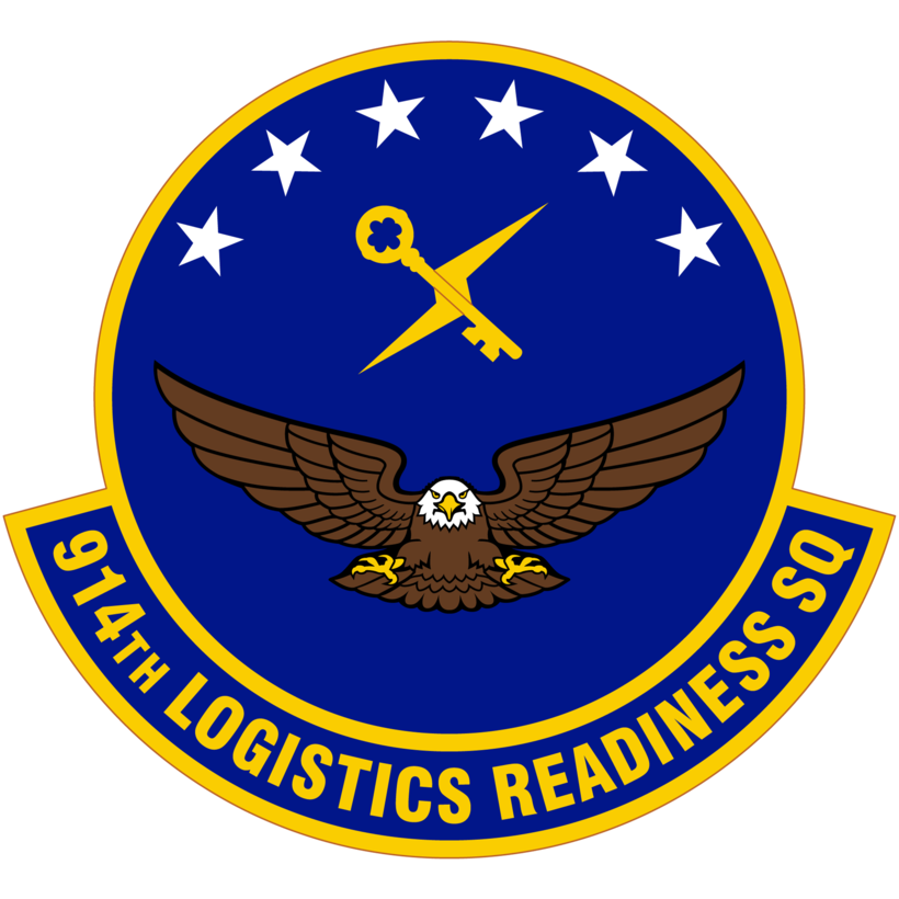 Eagle with six stars and a crossed key and thunderbolt. Reads, "914th LOGISTICS READINESS SQ."