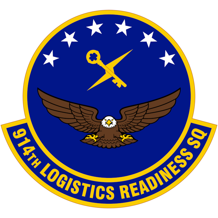Eagle with six stars and a crossed key and thunderbolt. Reads, "914th LOGISTICS READINESS SQ."