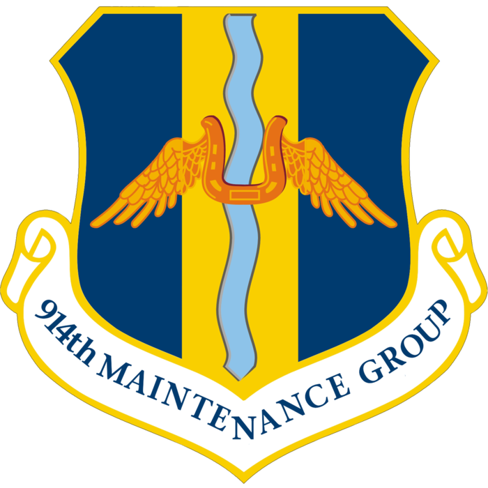 Winged horseshoe on a shield. Reads "914th MAINTENANCE GROUP"