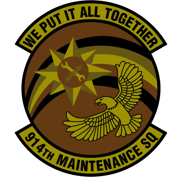 Eagle flying toward a crossed thunderbolt and wrench. Reads, "WE PUT IT ALL TOGETHER | 914th MAINTENANCE SQ."