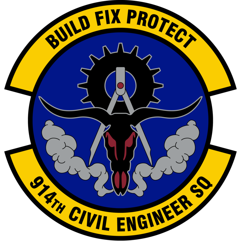 Bull skull with a compass and gear. Reads, "BUILD FIX PROTECT | 914th CIVIL ENGINEER SQ"