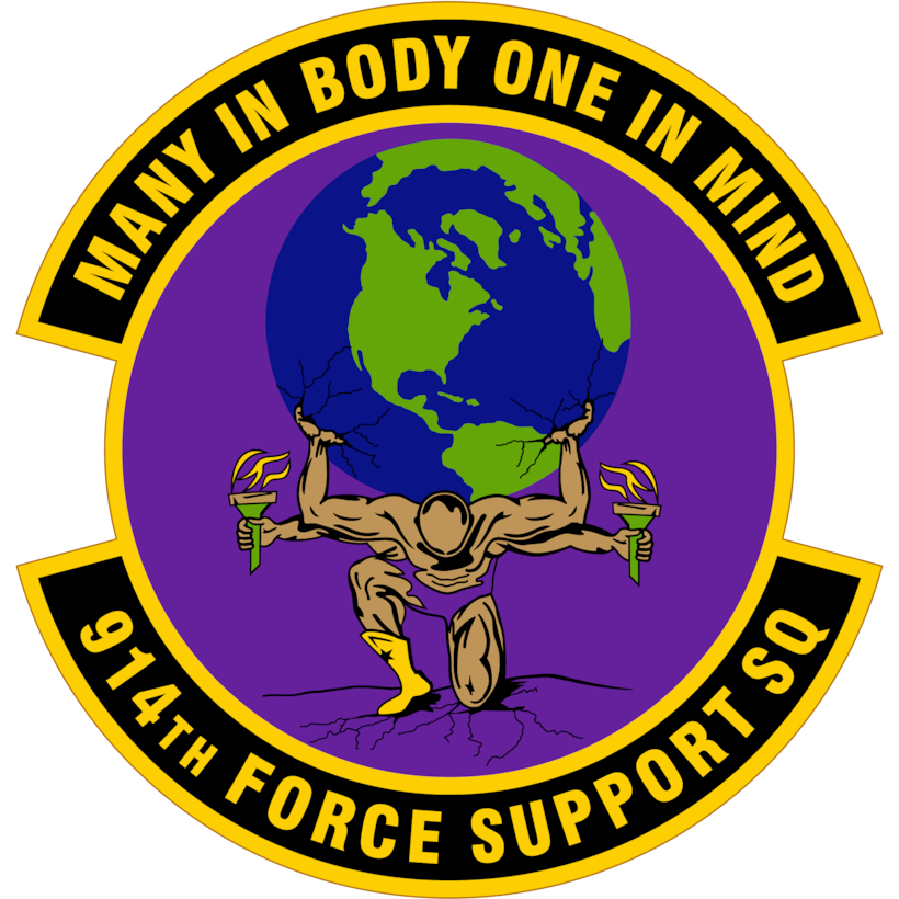 Graphic of a man with four arms holding up a globe with the words "MANY IN BODY ONE IN MIND | 914th FORCE SUPPORT SQUADRON"